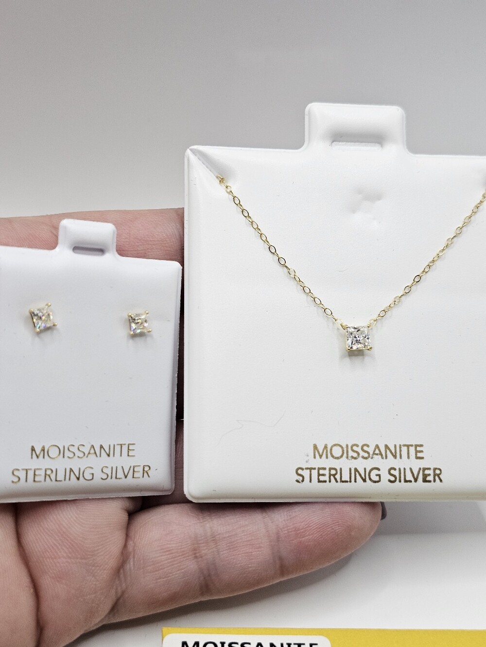 Gold Over S925 Silver Moissanite Square Pendant Necklace and Stud Earrings